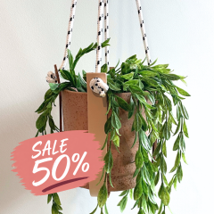 Leren plantenhanger |  zwart/wit touw