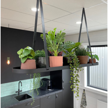 Hangende stalen planten tray / leer zwart