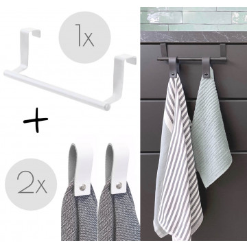 Handdoekstang over keukenkastdeur | VALI Wit - incl. 2 x leren magneet-lus