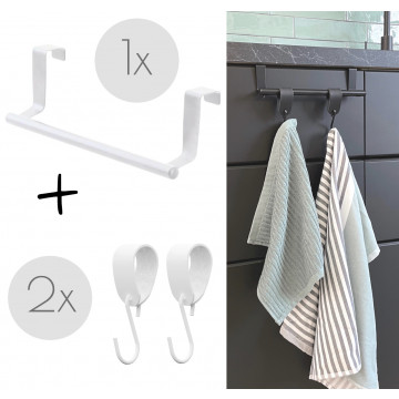 Handdoekstang over keukenkastdeur | VALI wit - incl. 2 x leren S-haak hangers