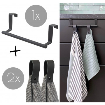 Handdoekstang over keukenkastdeur | VALI Zwart - incl. 2 x leren magneet-lus
