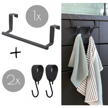 Handdoekstang over keukenkastdeur | VALI Zwart + 2 x leren S-haak hangers
